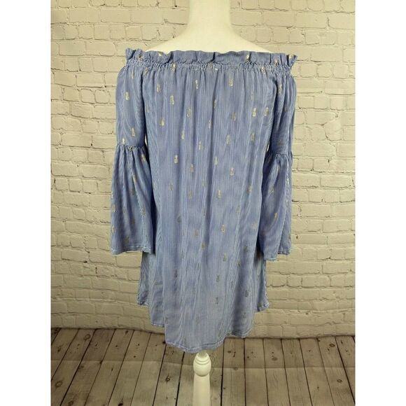 ANTHROPOLOGY SOLITAIRE striped white blue cold shoulder flared top tunic S - Picture 7 of 9